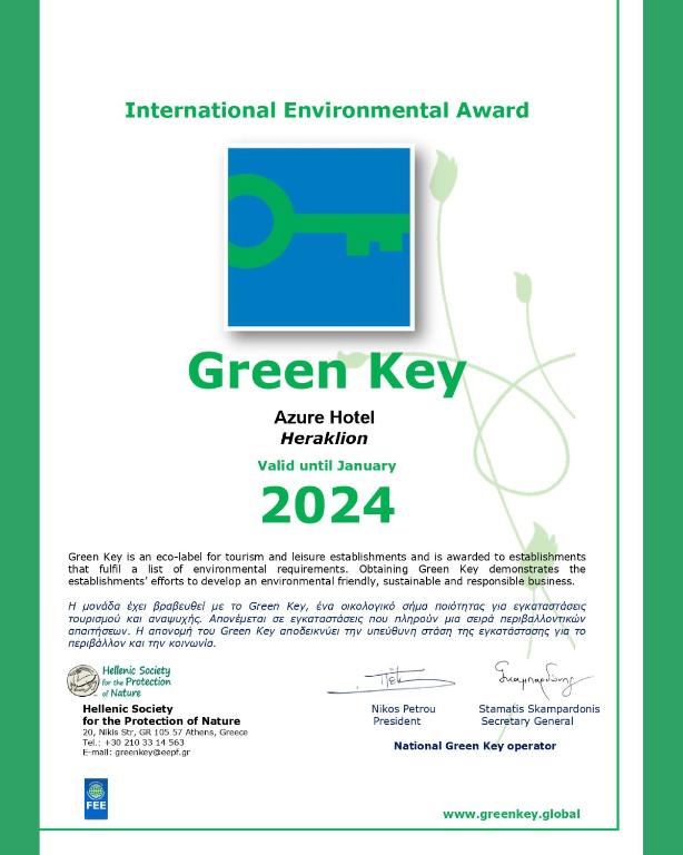 Certifikát, hodnocení, plakát nebo jiný dokument vystavený v ubytování Azure Mare Hotel