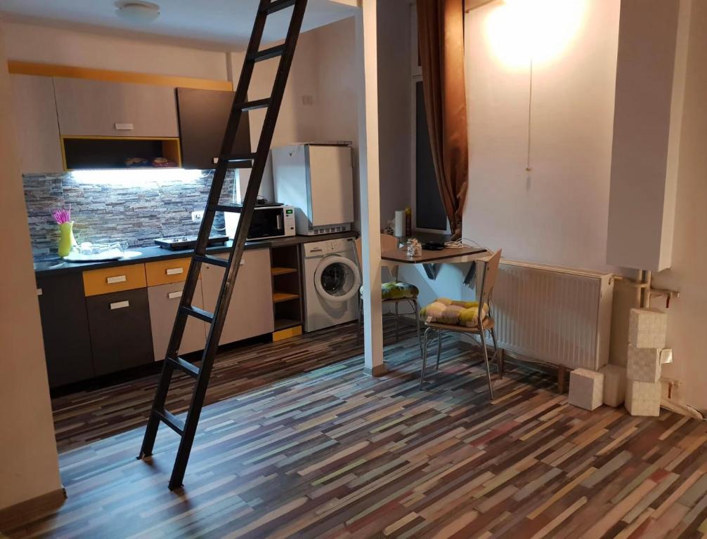 a ladder in a living room with a kitchen at Young Downtown Apartment in Arad