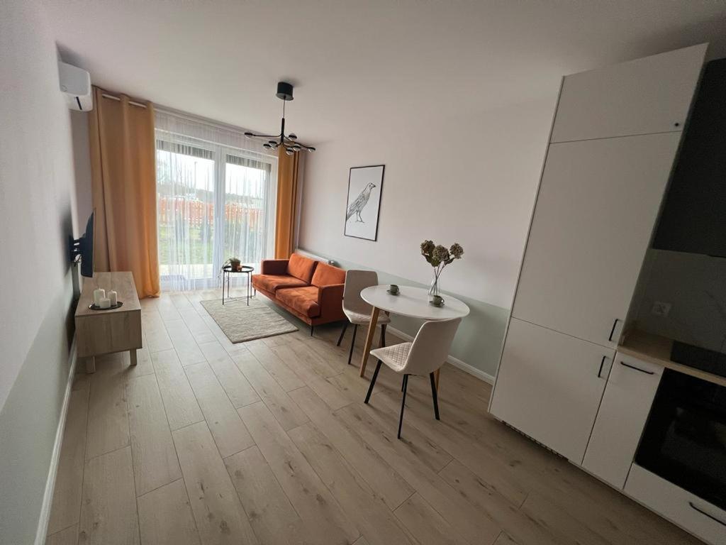 a living room with a couch and a table at Apartamenty Akademicka przy Onkologii 2 in Bydgoszcz