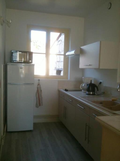 a kitchen with a white refrigerator and a window at Vaste appartement avec vue sur la Vienne in Chinon