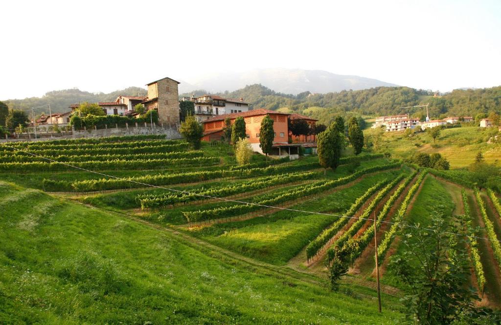 ein Ackerland mit einem Dorf im Hintergrund in der Unterkunft Agriturismo Il Belvedere in Palazzago