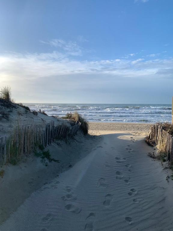 uma praia com pegadas na areia e no oceano em La Grande Motte Apartment em La Grande-Motte