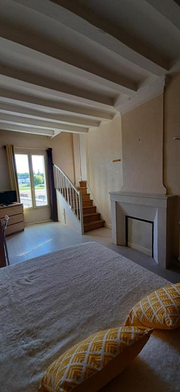 1 dormitorio grande con 1 cama y chimenea en Vaste appartement avec vue sur la Vienne, en Chinon