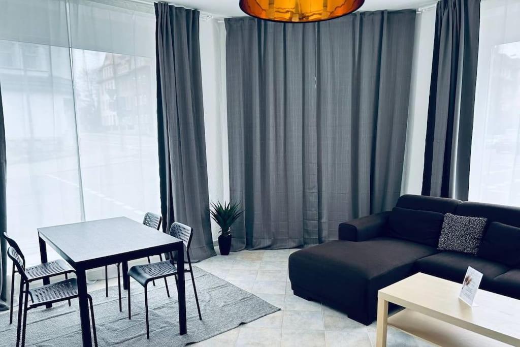ein Wohnzimmer mit einem Sofa und einem Tisch in der Unterkunft cozy Monteurwohnung/WLAN in Bautzen