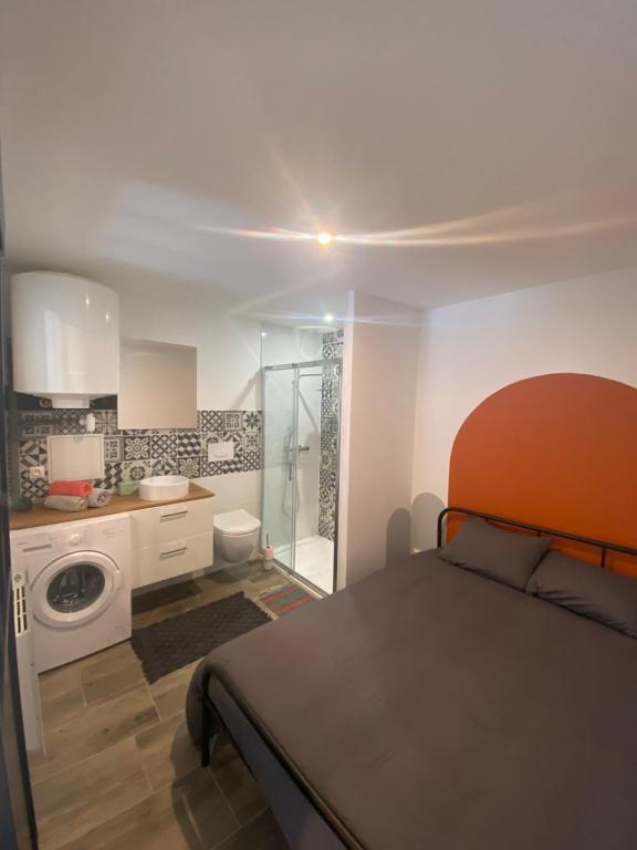 a bedroom with a bed and a bathroom with a shower at « Le Petit Louis » in Briord