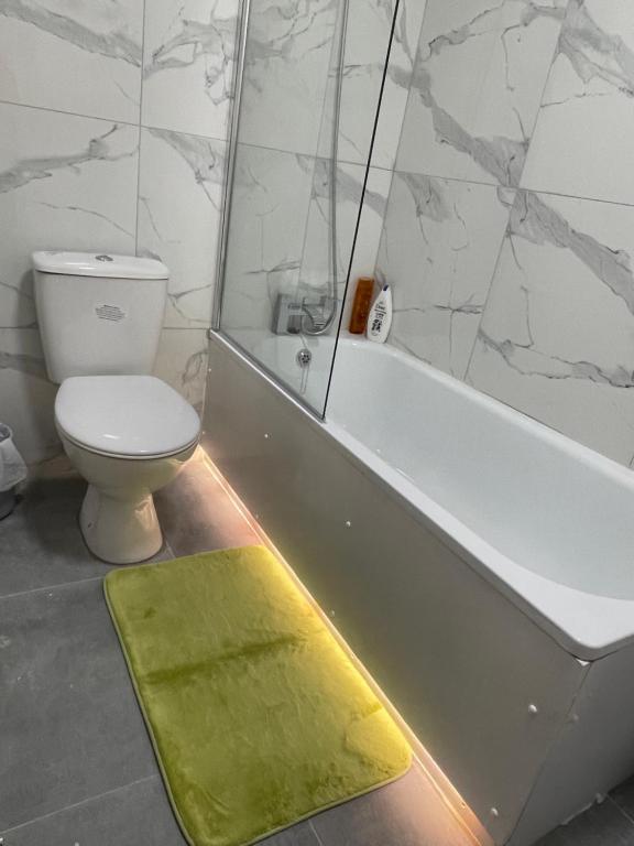 a bathroom with a tub and a toilet and a green rug at 2 bedroom near Euston, King's Cross in London