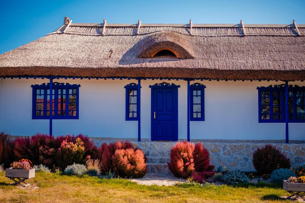 a house with a thatched roof and some plants at Portita spre Delta in Vişina