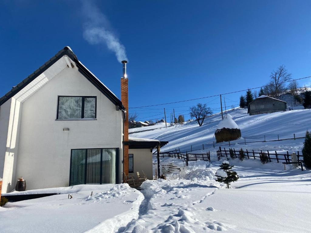 een huis bedekt met sneeuw met een berg sneeuw bij Cabana Șirnea in Şirnea