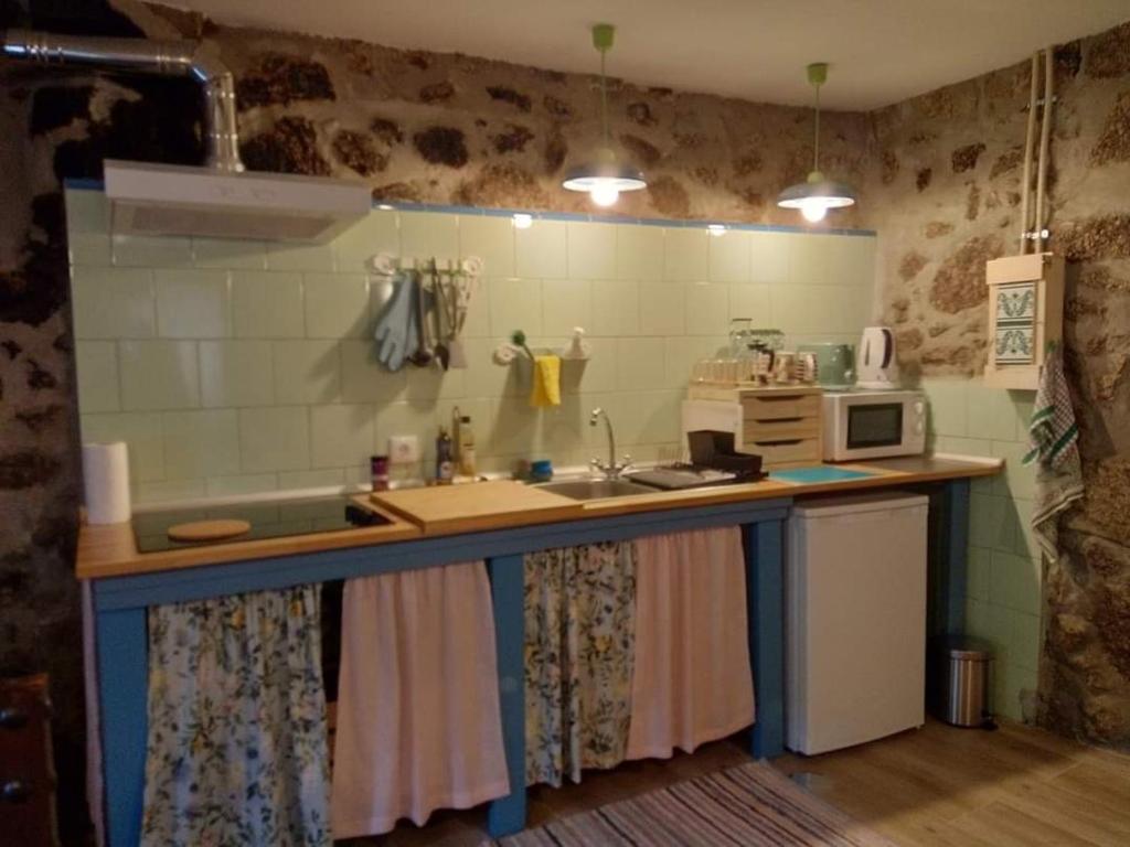een keuken met een aanrecht met een wastafel en een magnetron bij Casa do Carregal in Braga