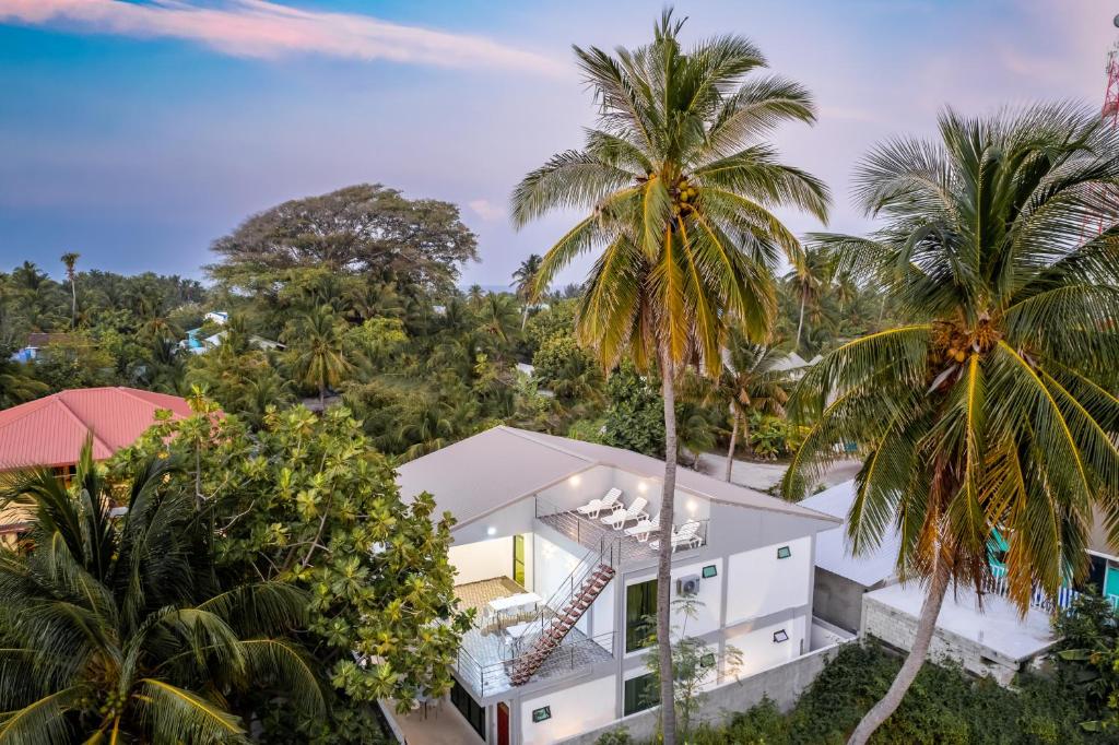 una vista aérea de una casa con palmeras en SIS Tourist Villa, Mathiveri, Maldives, en Mathiveri