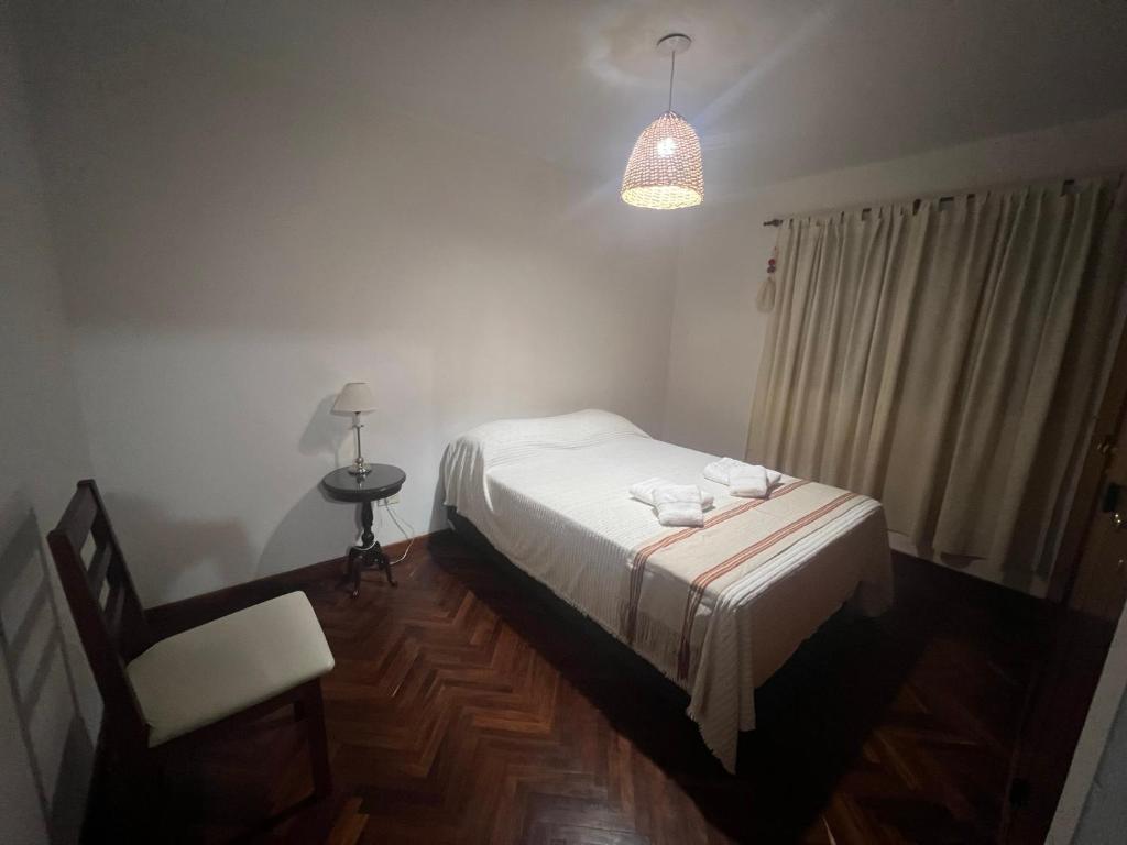 een slaapkamer met een bed, een stoel en een lamp bij LAJUACA II in San Salvador de Jujuy