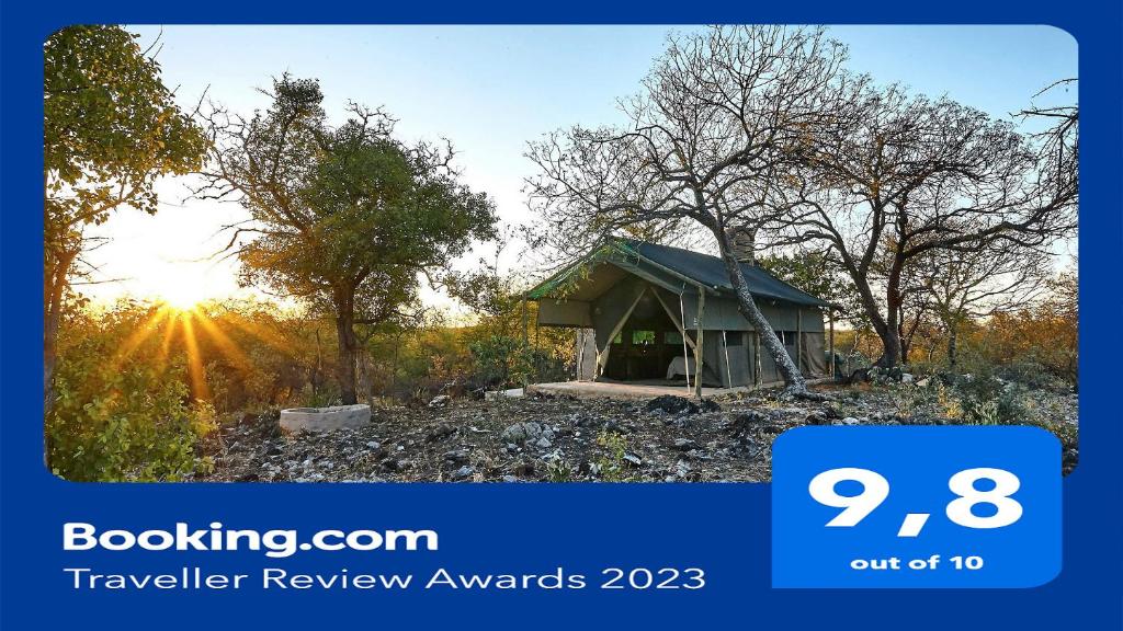 a sign that says travel review awards with a cabin at ZuriCamp - Tent Amani in Tsumeb