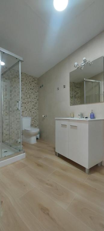 bagno con lavandino, servizi igienici e specchio di La casita de Margo a Málaga