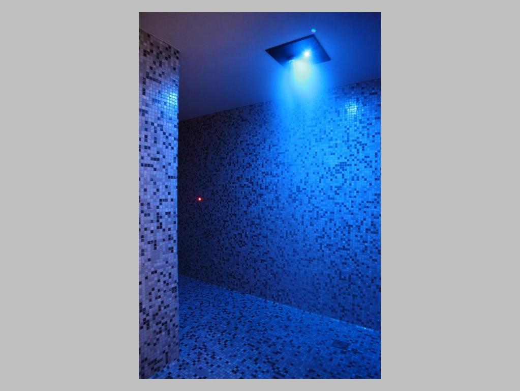 a blue shower with a light on the ceiling at Hotel Ambassador in Caorle