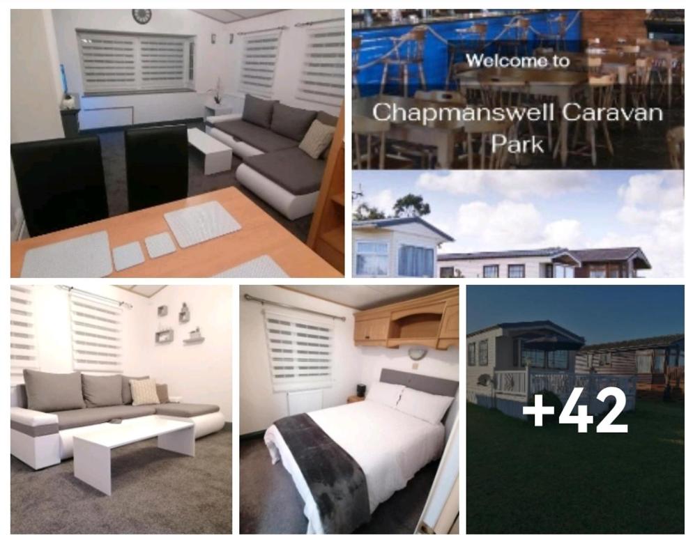 a collage of pictures of a room with a couch and a bed at Cornwall CORNWALL-CHAPMANSWELL CARAVAN HOLIDAY PARK A30 B&B Bed and breakfast #41 in Launceston