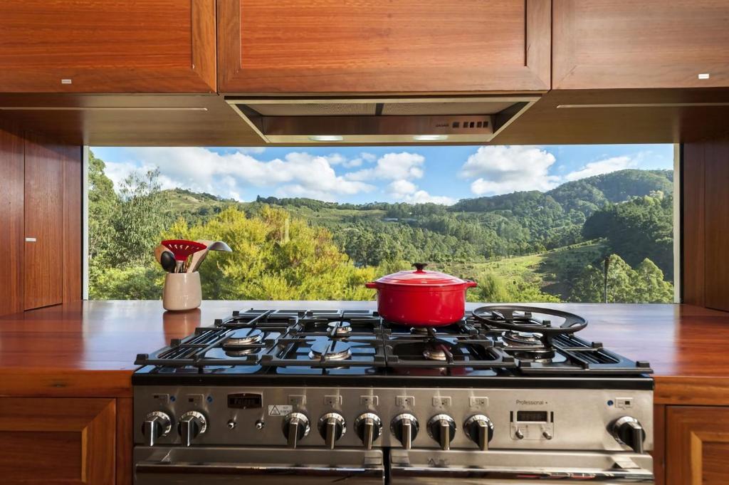 a kitchen with a stove with a view of a mountain at Eagle Ridge in Hordern Vale