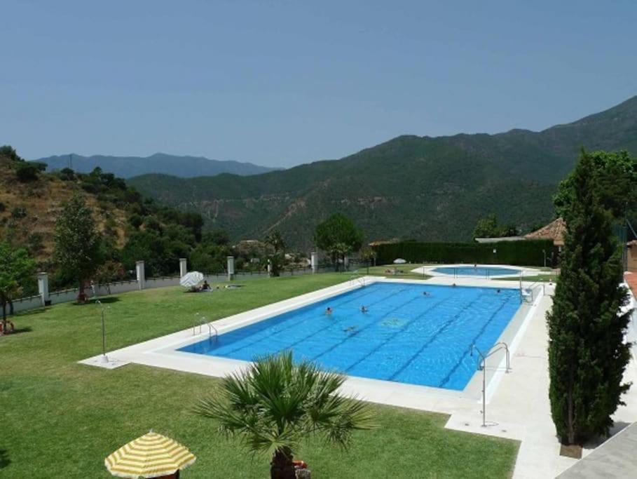 une grande piscine au milieu d'une cour dans l'établissement Casa Rural Manantial de las Jaras, à Istán