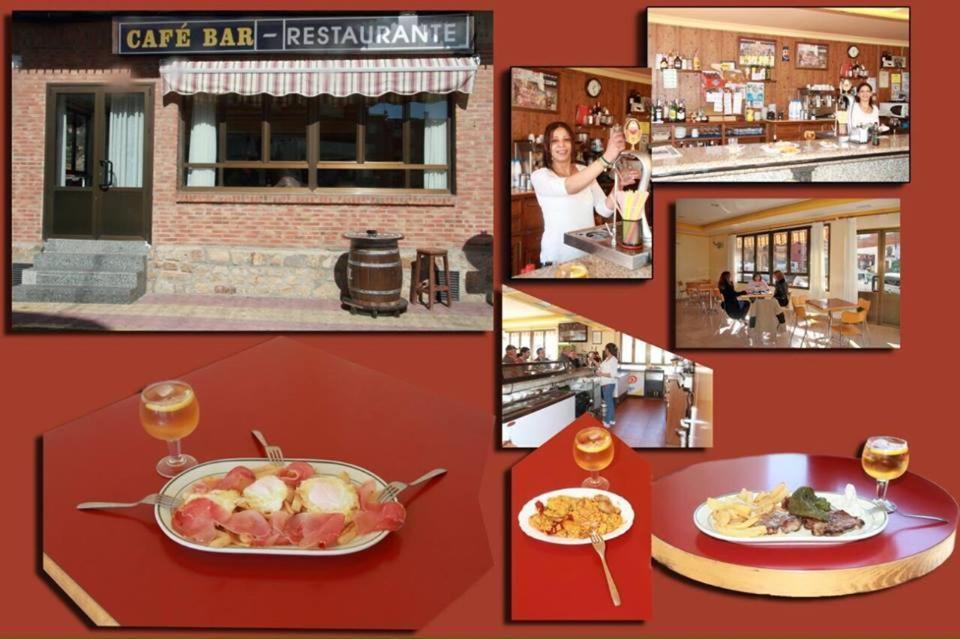 un collage de fotos de un restaurante con un plato de comida en Hostal Vadillo en Losar de la Vera