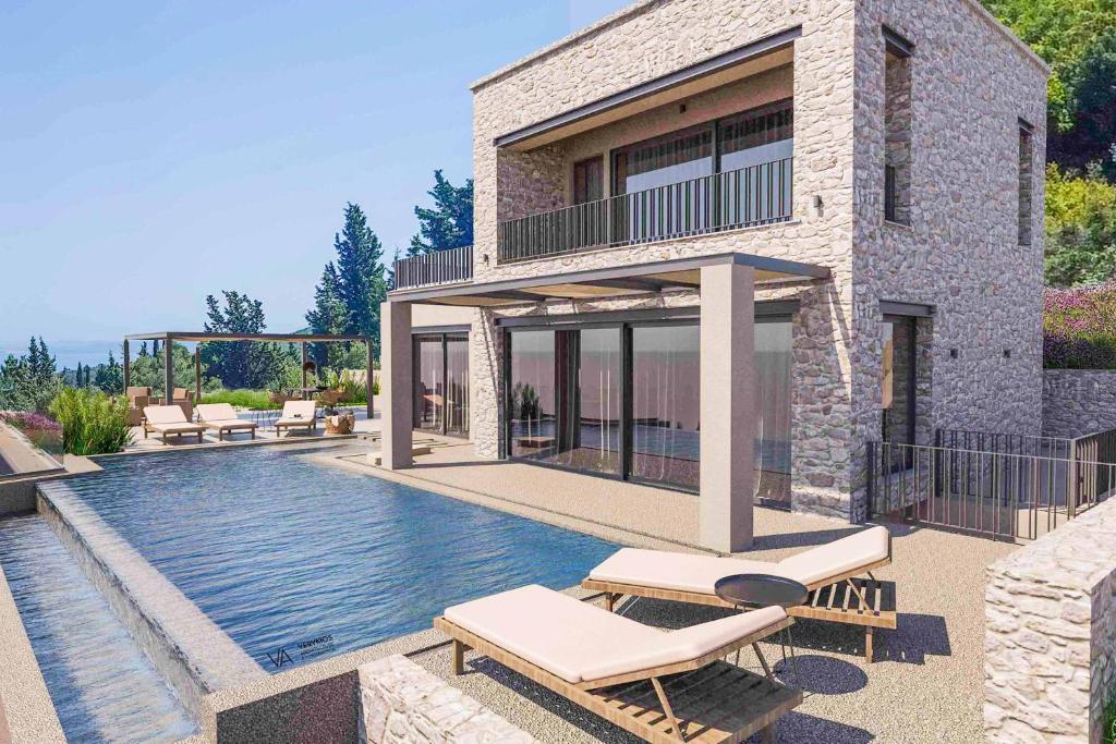 a house with a swimming pool next to a house at Villa Orion in Tsoukaladhes