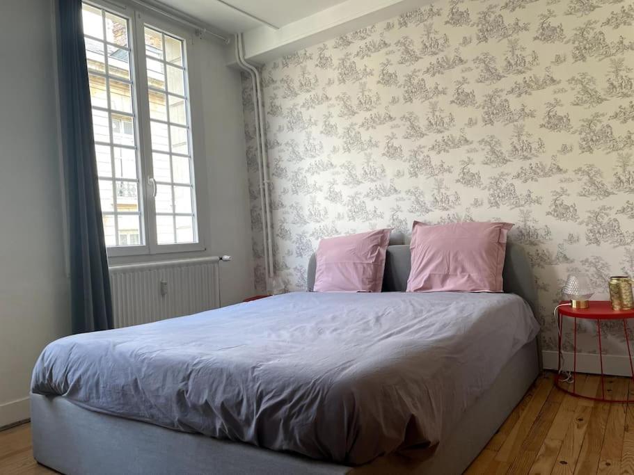 a bedroom with a bed with pink pillows on it at Studio quartier historique in Rouen