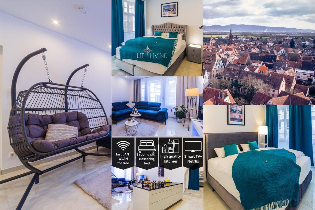 un collage de fotos de una habitación con columpio en Lit Living: Luxury - Box Spring - Zwischen MA und HD - Netflix - 8 Personen, en Ladenburg