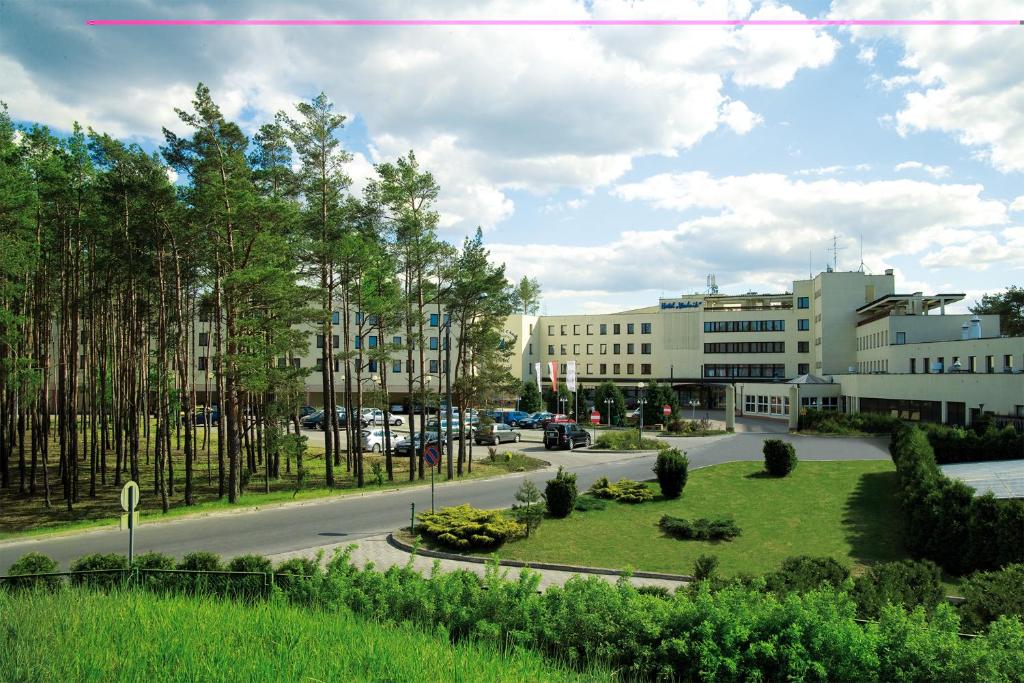 uitzicht op een straat met gebouwen en bomen bij Hotel Wodnik in Slok