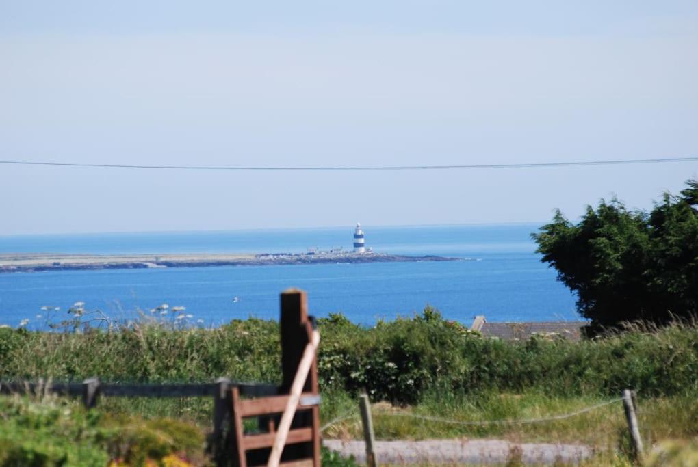 a view of a lighthouse in the ocean with a fence at Beautiful one bed apartment with stunning sea view in Waterford