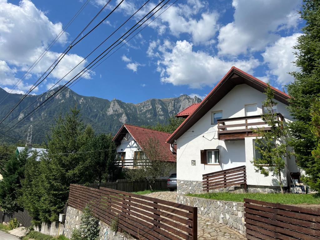 a white house with mountains in the background at Rustic House Busteni in Buşteni
