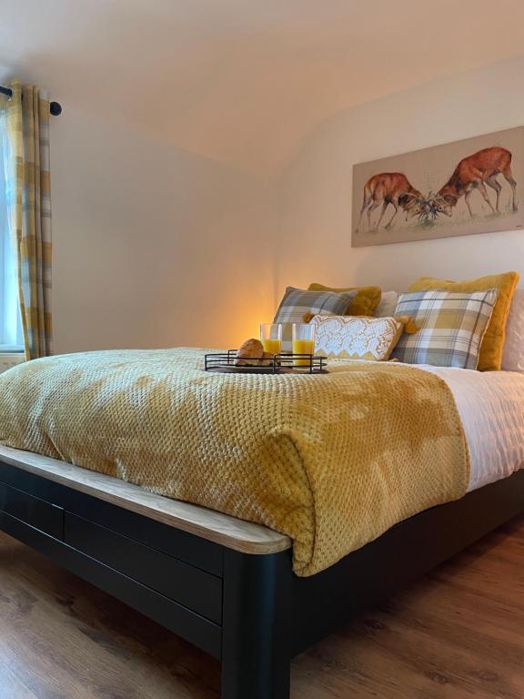 a bedroom with a bed with a black frame at Bernards Hill in Bridgnorth