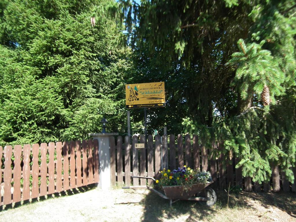 un panneau devant une clôture avec un panier de fleurs dans l'établissement Agroturystyka Różanka, à Nowy Tomyśl