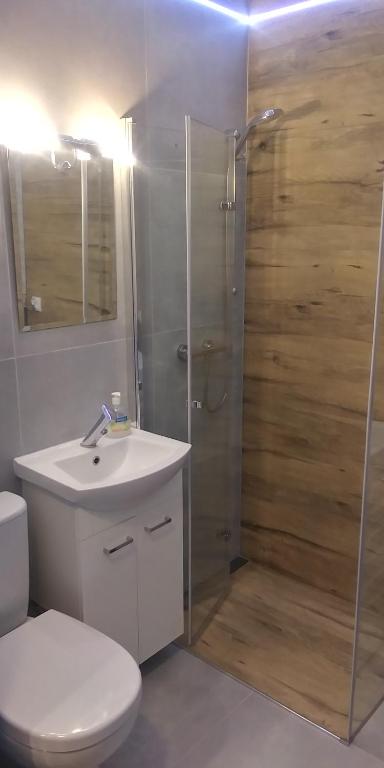 une salle de bains avec douche, toilettes et lavabo dans l'établissement Poziom 7, à Elbląg