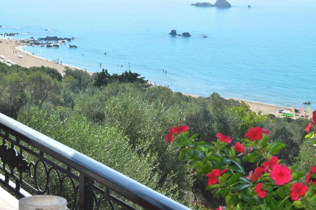 a balcony with a view of a beach and red flowers at Studio Apartments with pool Panorama sea view Pelekas Beach Corfu in Pelekas