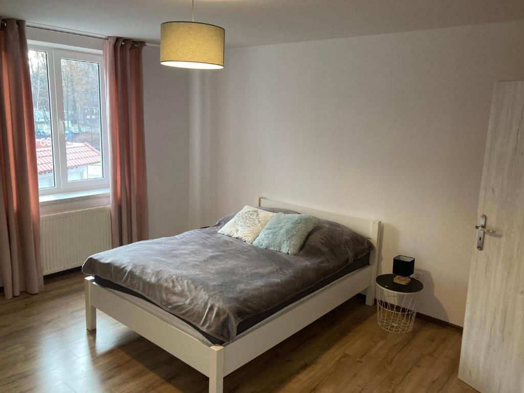 um quarto com uma cama num quarto com uma janela em Reginka em Giżycko