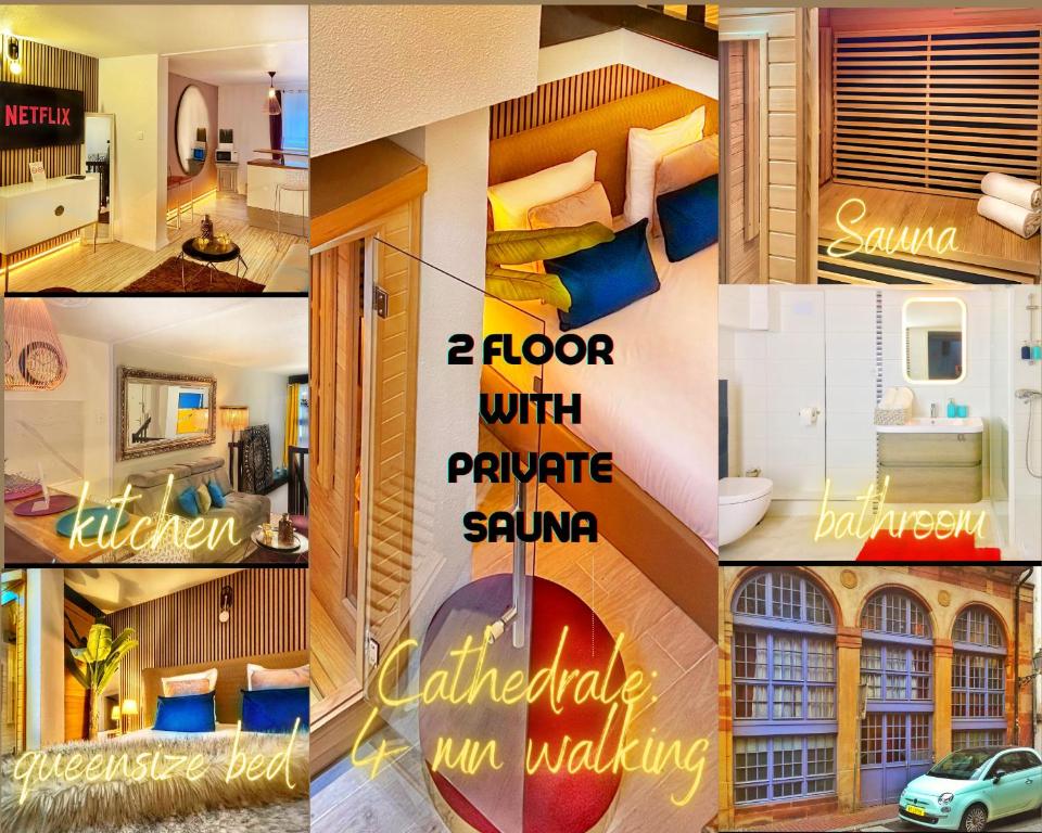 un collage di foto di una camera d'albergo di Apartment Duplex with Sauna City- Center Cathedrale a Strasburgo