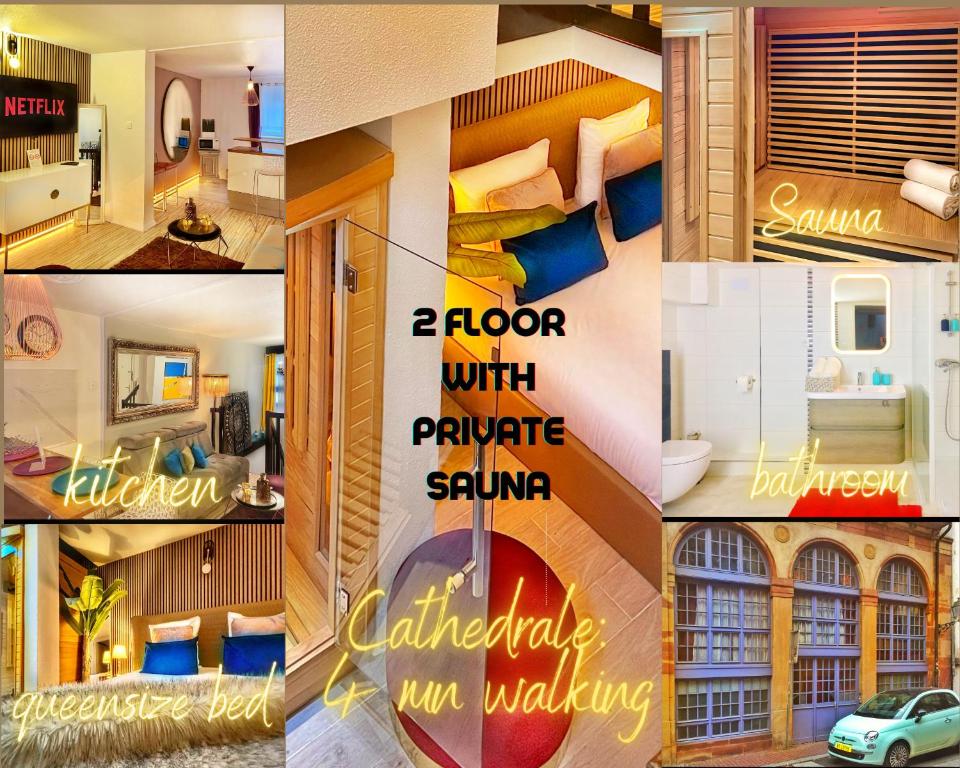 a collage of photos of a hotel room at Apartment Duplex with Sauna City- Center Cathedrale in Strasbourg