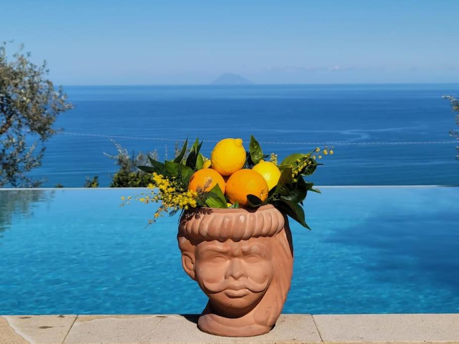um vaso cheio de laranjas e flores ao lado de uma piscina em Appartamento Salvia em Acquedolci