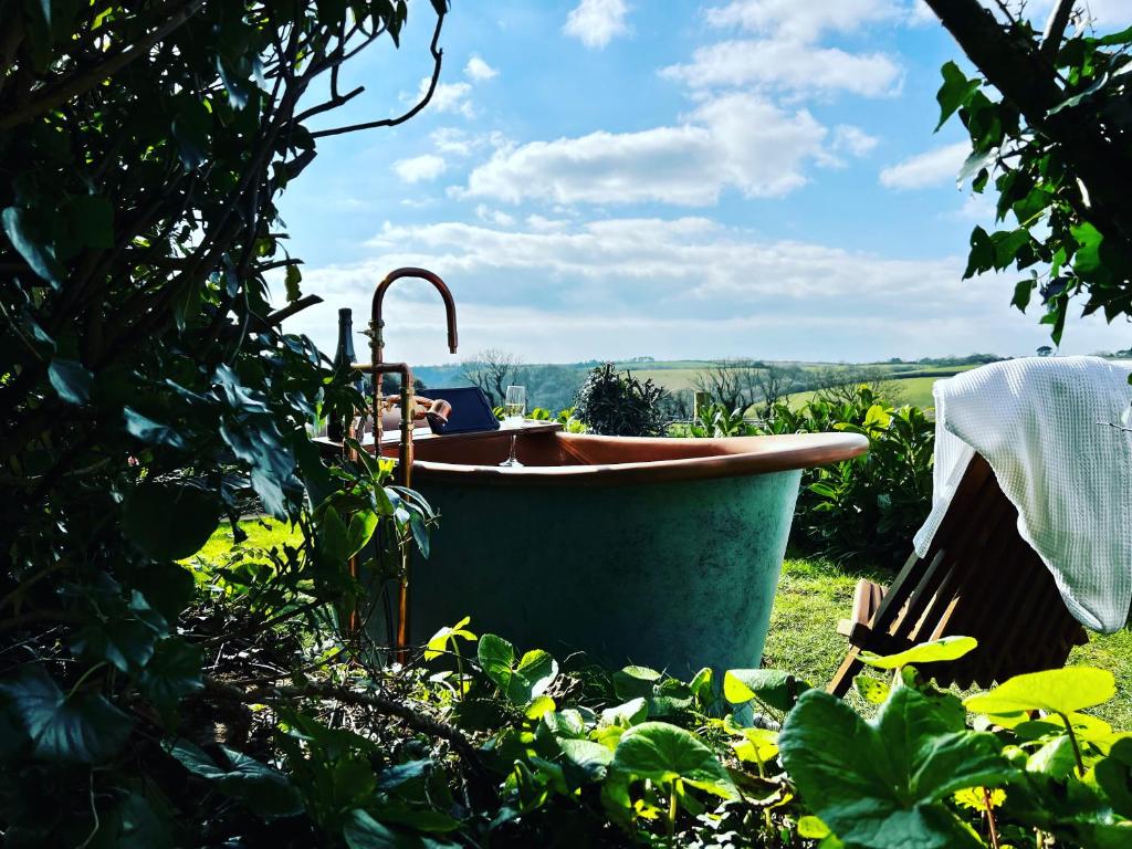 a bath tub sitting in the grass in a garden at The Old Dairy Retreat in St Austell