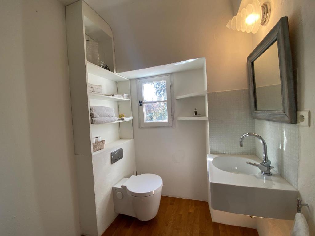 a bathroom with a toilet and a sink and a mirror at Campagne Salettes in Lorgues