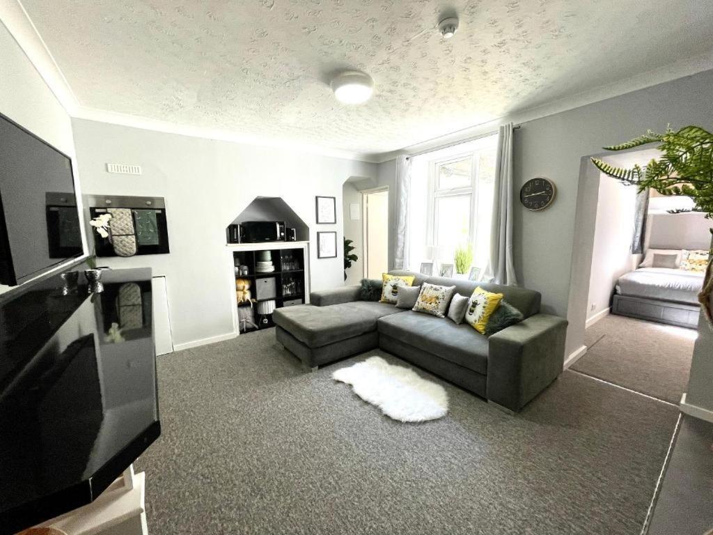a living room with a couch and a fireplace at LuXe Apartments Kemptown in Brighton & Hove