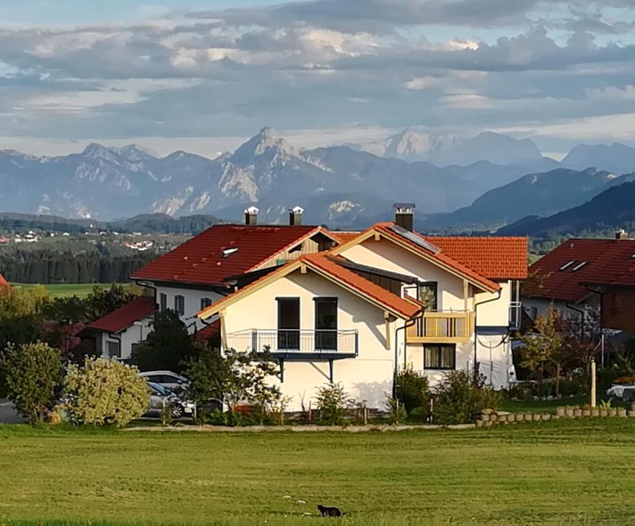 a house in a field with mountains in the background at Ferienwohnung Abendsonne in Oy-Mittelberg