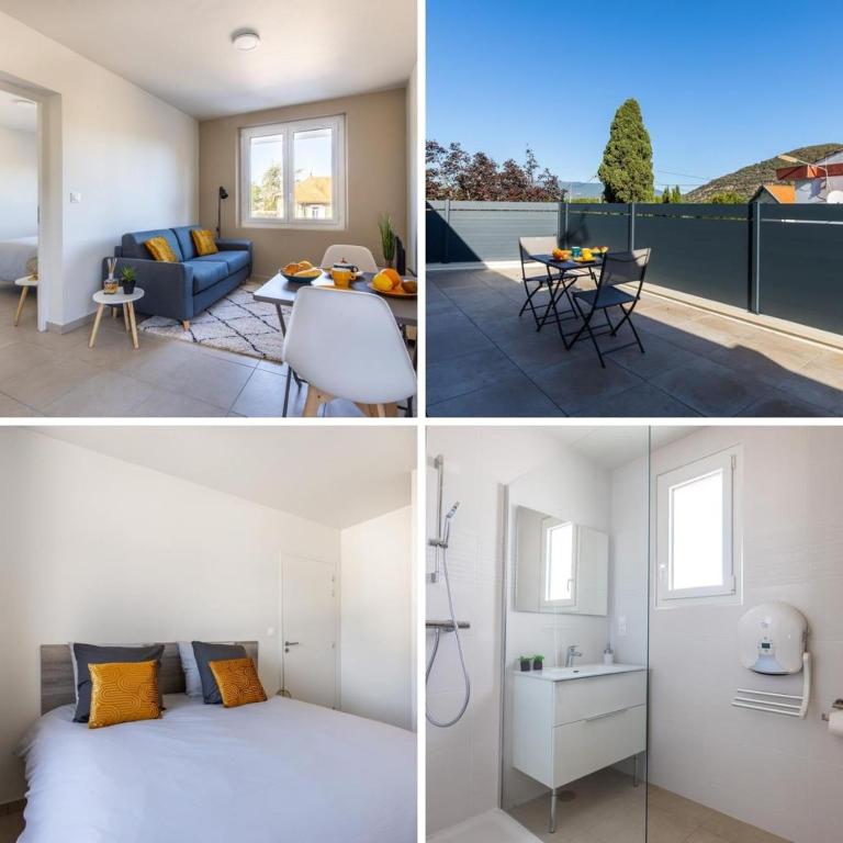 une chambre et un salon avec un lit et une table dans l'établissement LE PROVENCE, à Malijai