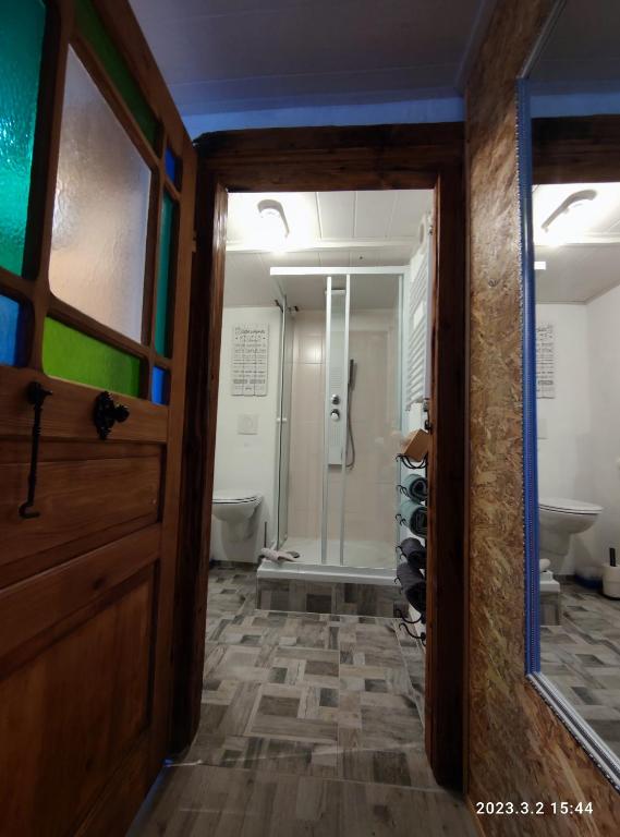 a bathroom with a shower and a toilet and a door at Ferienwohnung Schug in Homburg