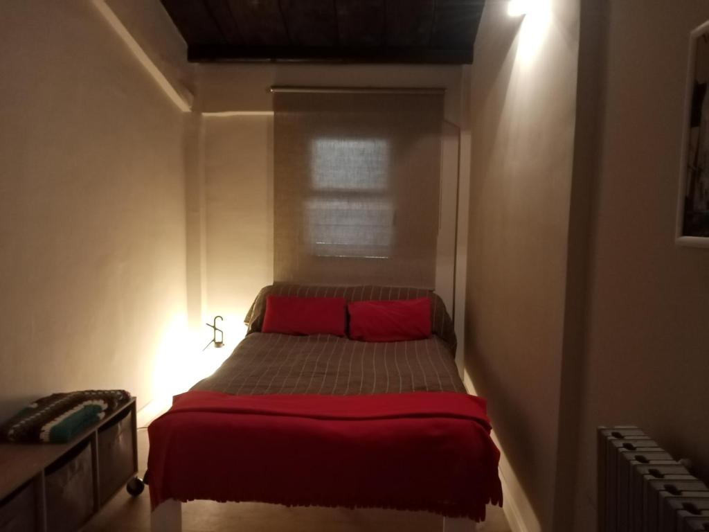 ein Bett mit roten Kissen in einem kleinen Zimmer in der Unterkunft Casa Allegra in Palermo