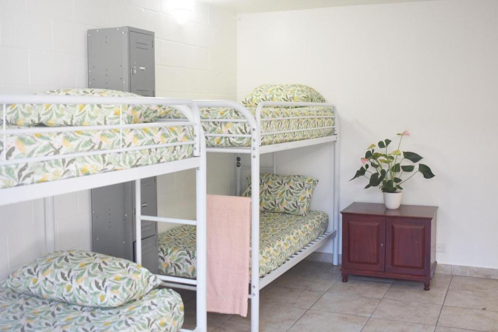 two bunk beds in a room with a table at Waikiki Beachside Hostel in Honolulu