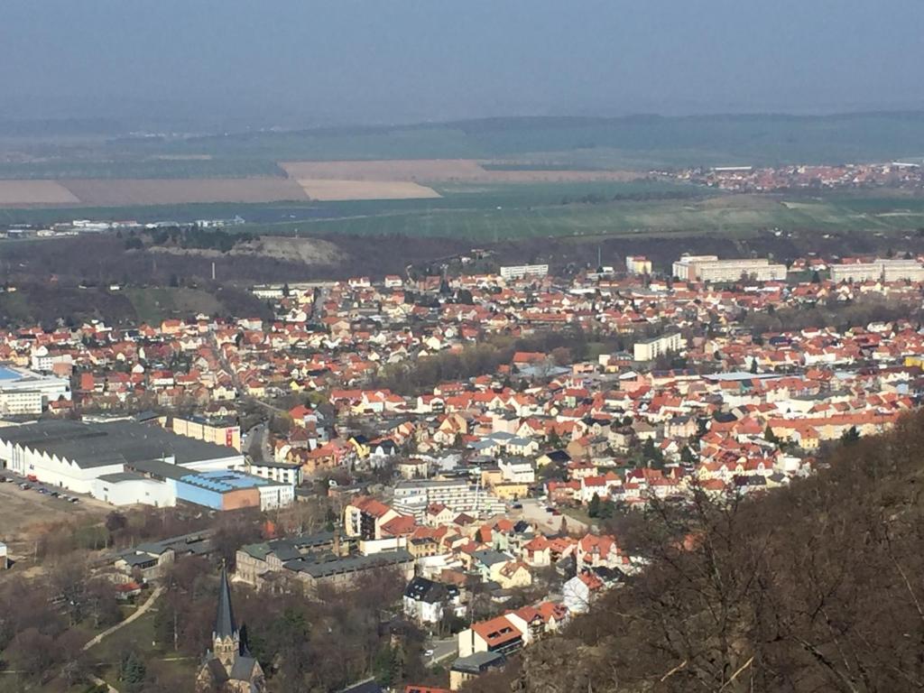 an aerial view of a city with buildings at Ferienwohnung am Friedenspark 2 in Thale