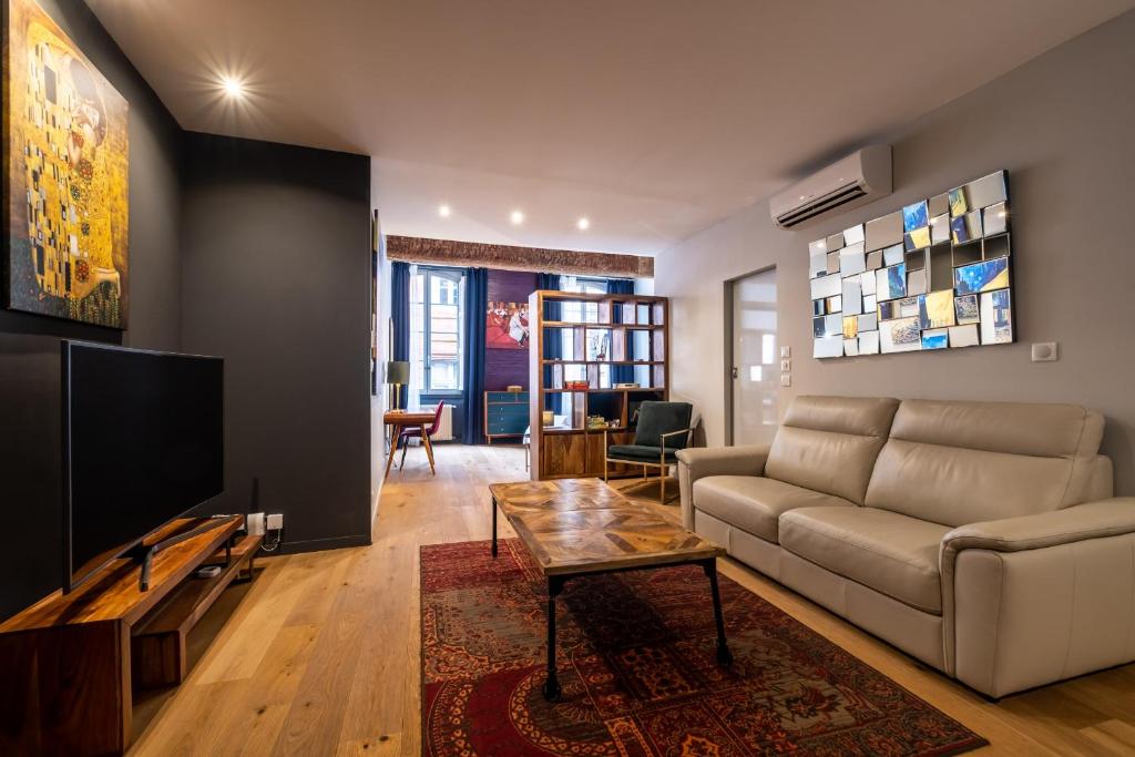 Televízia a/alebo spoločenská miestnosť v ubytovaní Appartement de prestige – rue des Arts