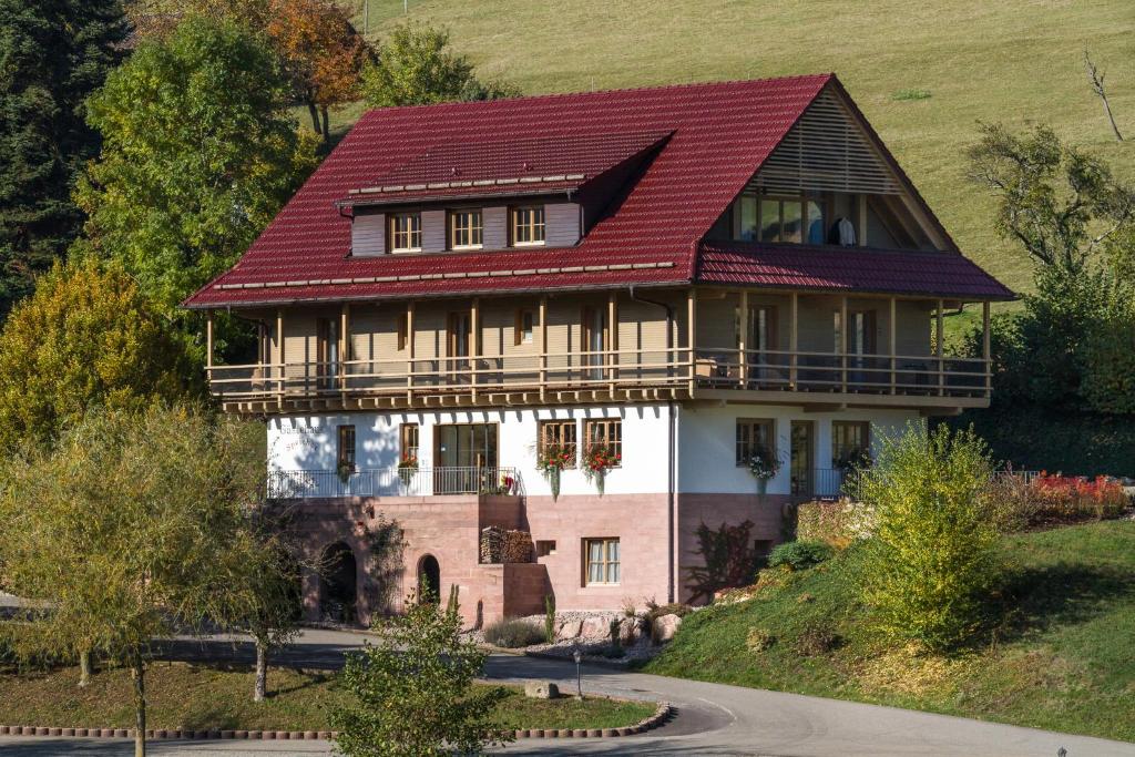 a large house with a red roof on a hill at Hotel Gästehaus Speicher in Biberach bei Offenburg