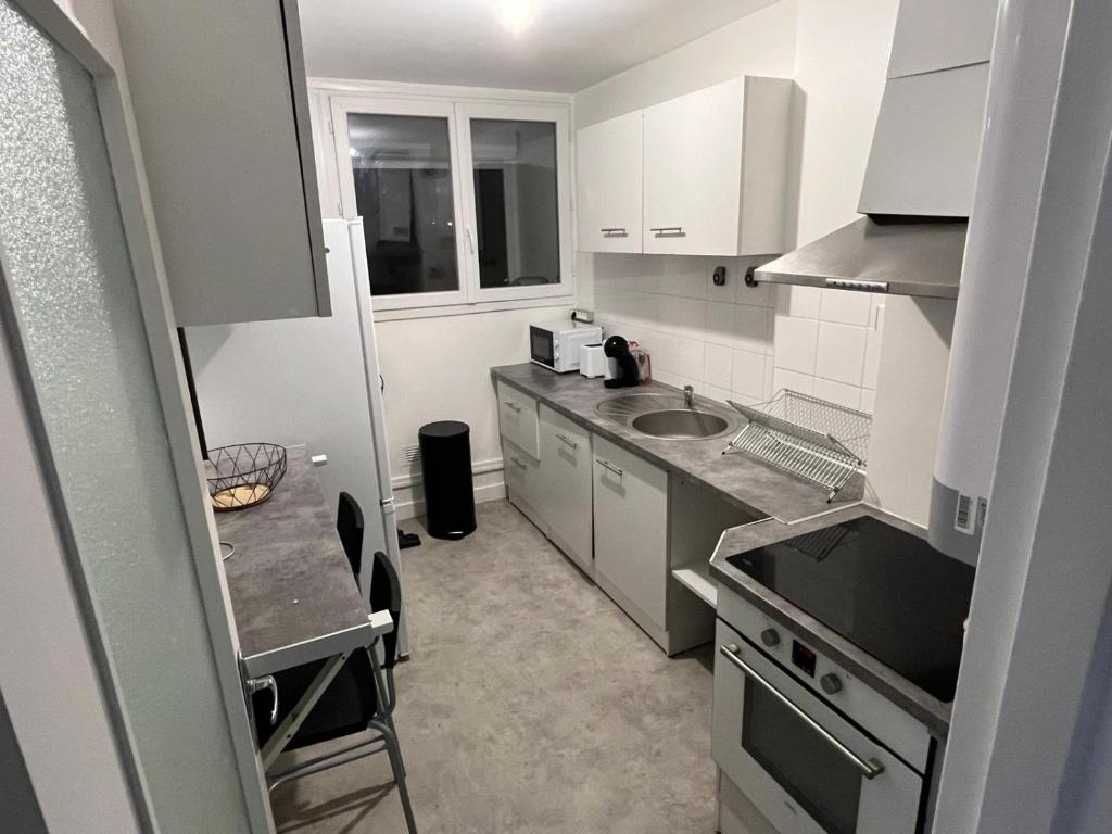 a small kitchen with a sink and a stove at Appartement Prestige - Amiens in Amiens
