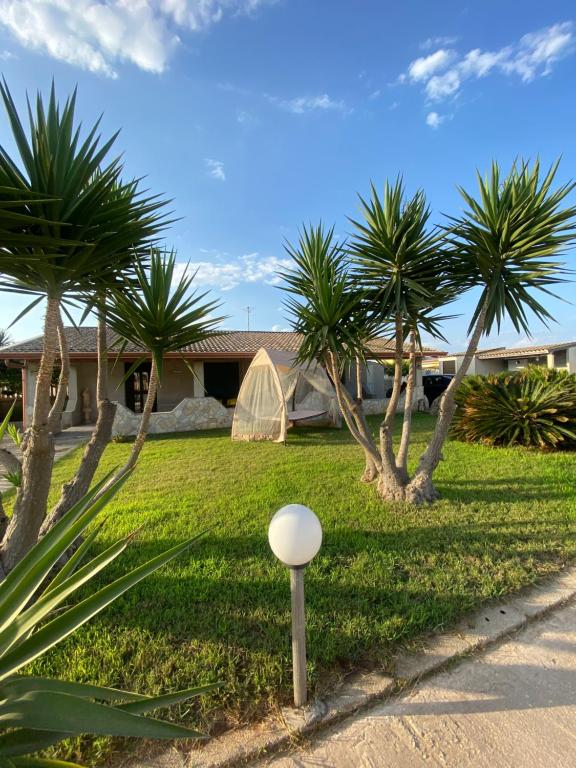 einen Hof mit Palmen und einem Zelt in der Unterkunft Villa Floridia in Santa Maria Del Focallo