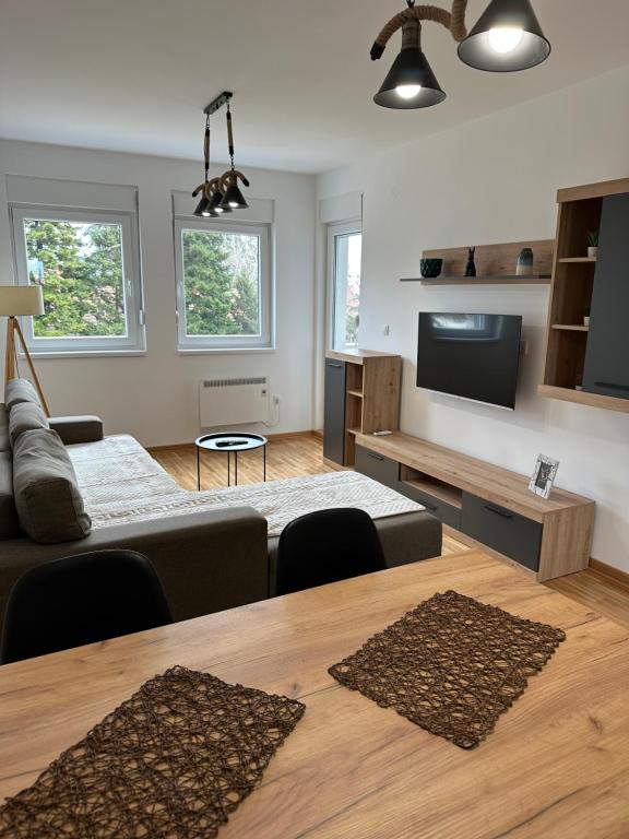 un soggiorno con divano e tavolo di Apartment Aura 2 a Belgrado